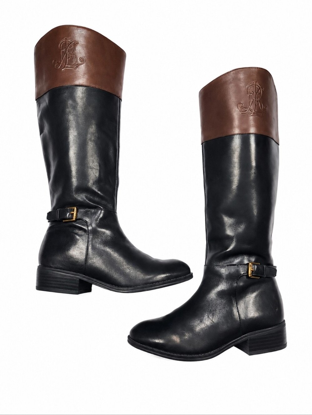Lauren Ralph Lauren Black and Brown Leather Knee-High Riding Boots - Picture 1 of 16